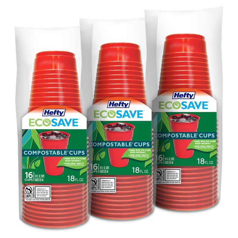 Hefty EcoSave Compostable Party Cups Red 18 oz 16 Count Pack of 3 48 Total